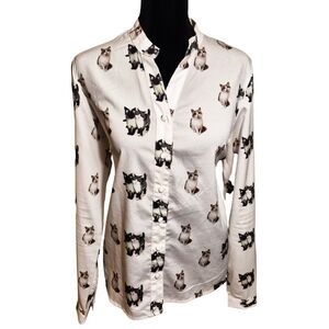 White Button-Up Shirt with Cat Print